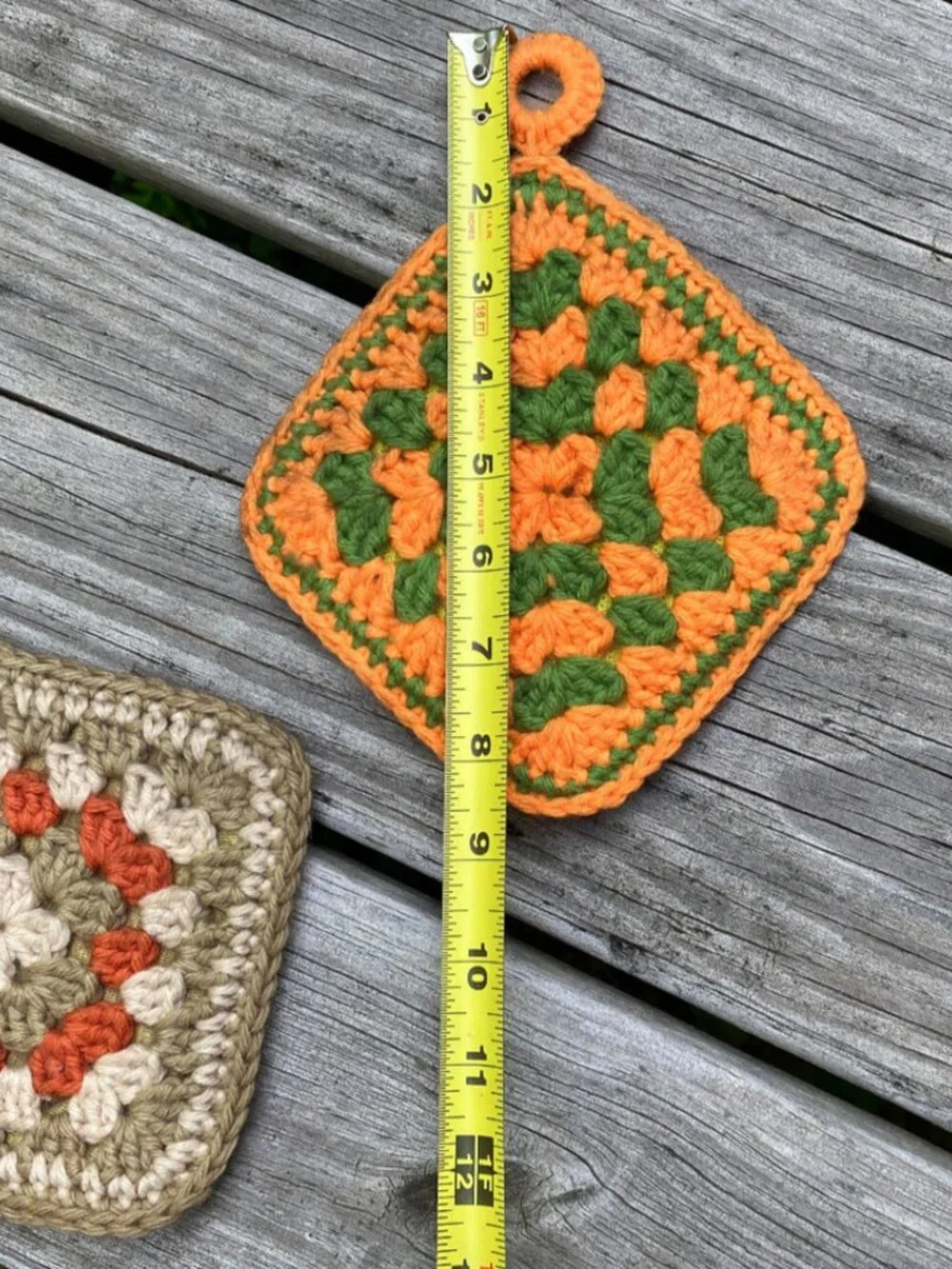 Granny square Potholders Double-sided 7 X 7 Handmade Green Orange Brown Crochet